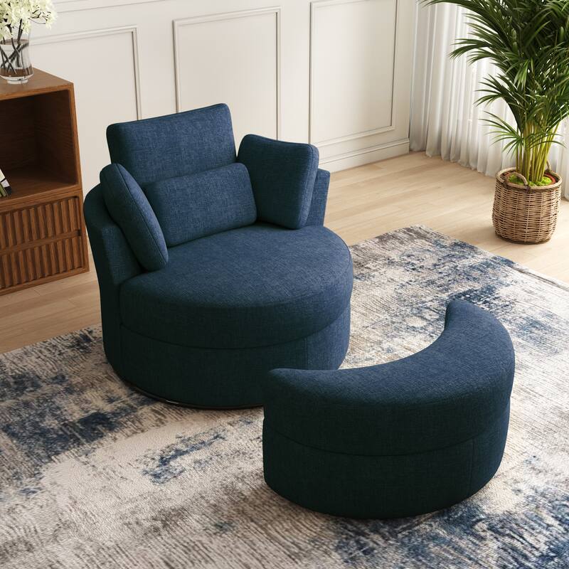 Oversized Upholstered Swivel Barrel Chairs with Storage Ottoman - Navy