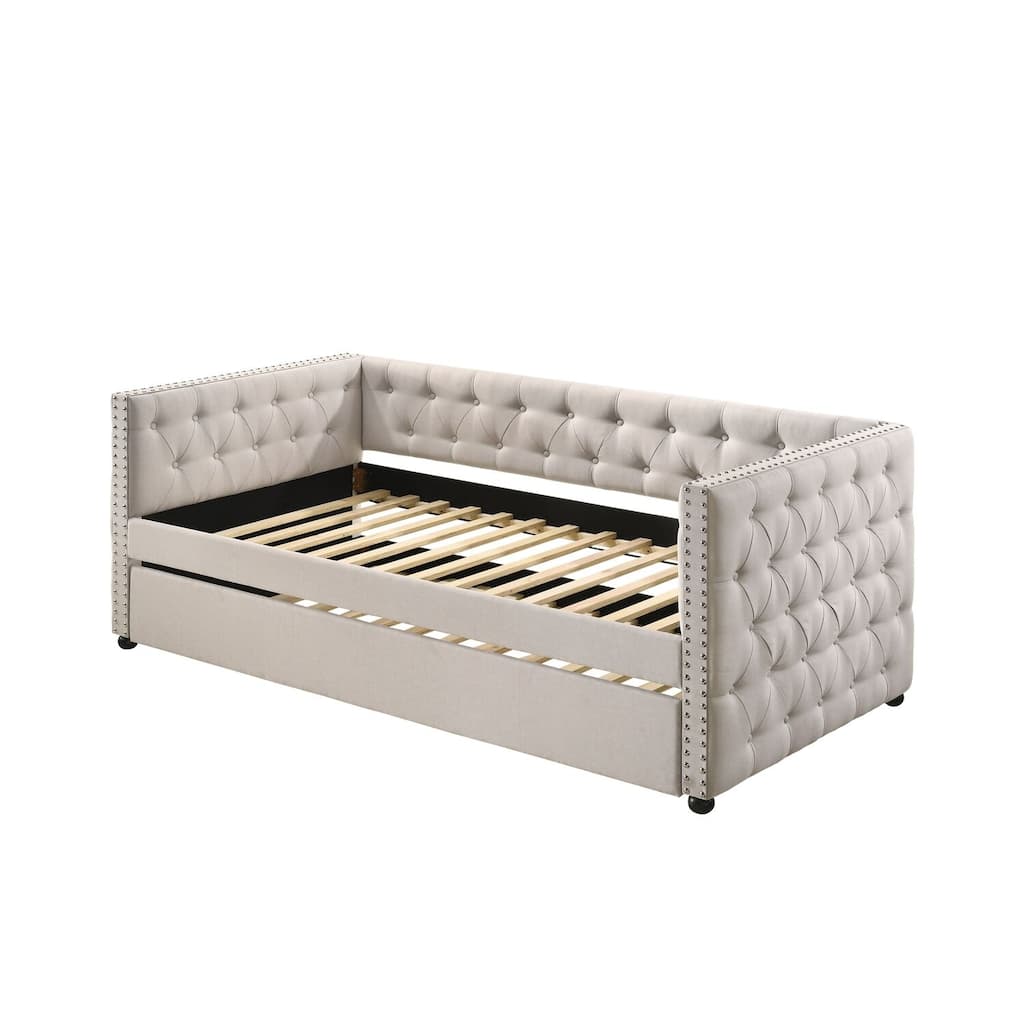 Daybed Twin Trundle Beige Fabric, Full Size, Elegant Design, Button Tufting, Nailhead Trim, Space Saving Furniture