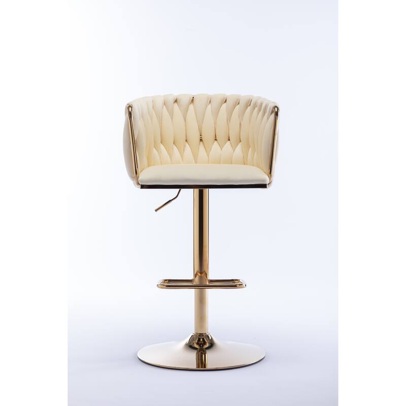 Set of 2 Bar Stools,with Chrome Footrest and Base Swivel Height Adjustable Mechanical Lifting Velvet + Golden Leg