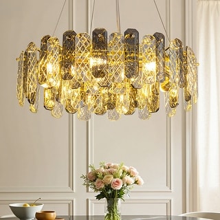 24Inch 8-Light 2-Tier Brass Gold Luxury Round Crystal Chandelier Modern ...