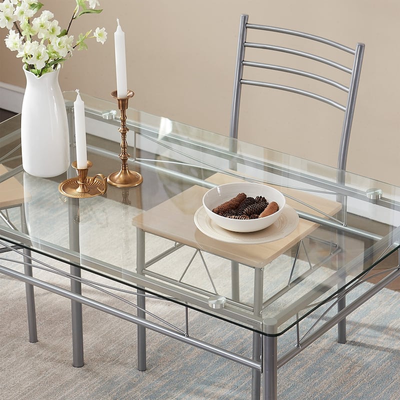 VECELO 5-Pieces Glass Dining Table and Chair Sets Metal Kitchen Room Furniture (Silver)