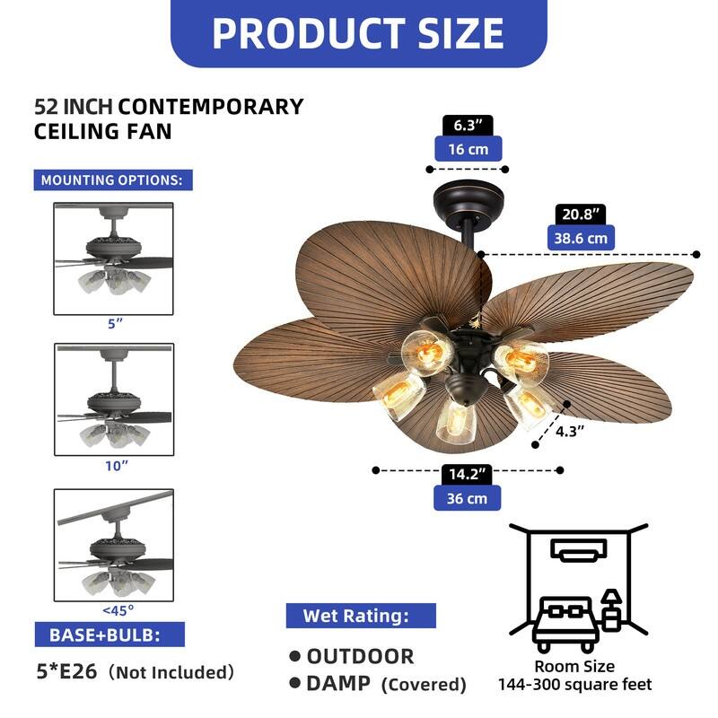 Moasis 52 Inch Tropical Palm Leaf Remote Ceiling Fans with Light and Clear Seeded Glass Light Kit