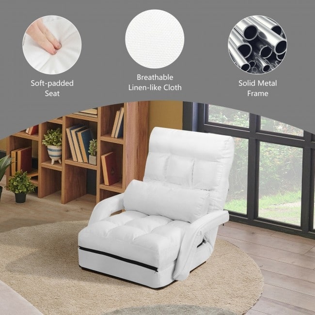 Folding Lazy Floor Chair Sofa with Armrests and Pillow-White - 22" x 26" x 29" (L x W x H)