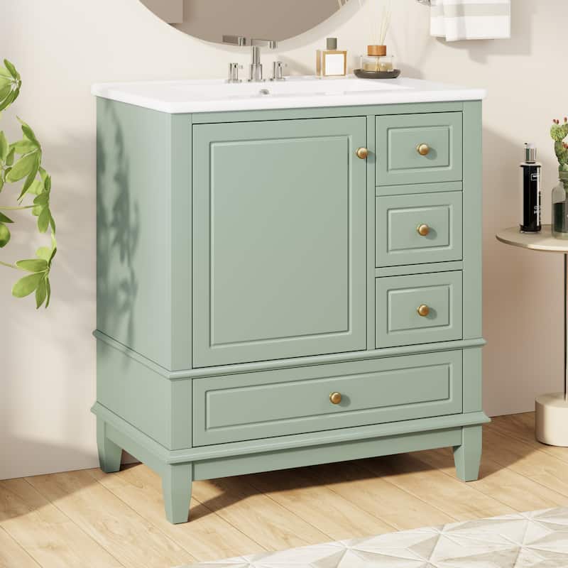 30" Bathroom Vanity with Sink, Bathroom Sotrsge Cabinet with One Door with Shelf and Three Drawers