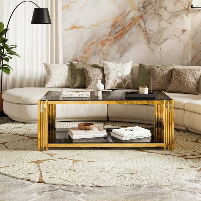 Rectangular Gold & Glass Coffee Table with 2-Tier Shelf by Harper&Bright Designs - Black