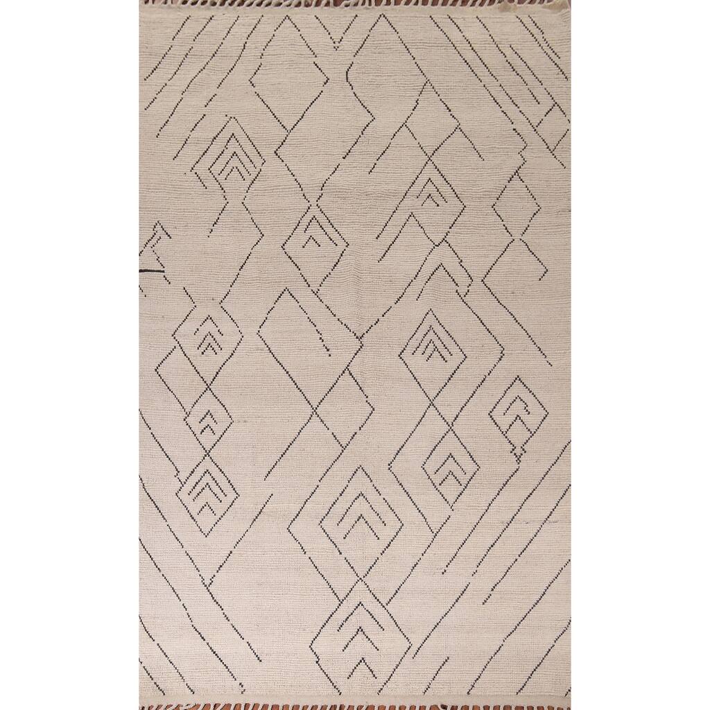 All-Over Ivory Moroccan Modern Area Rug Hand-Knotted Wool Carpet - 6'10"x 10'8"