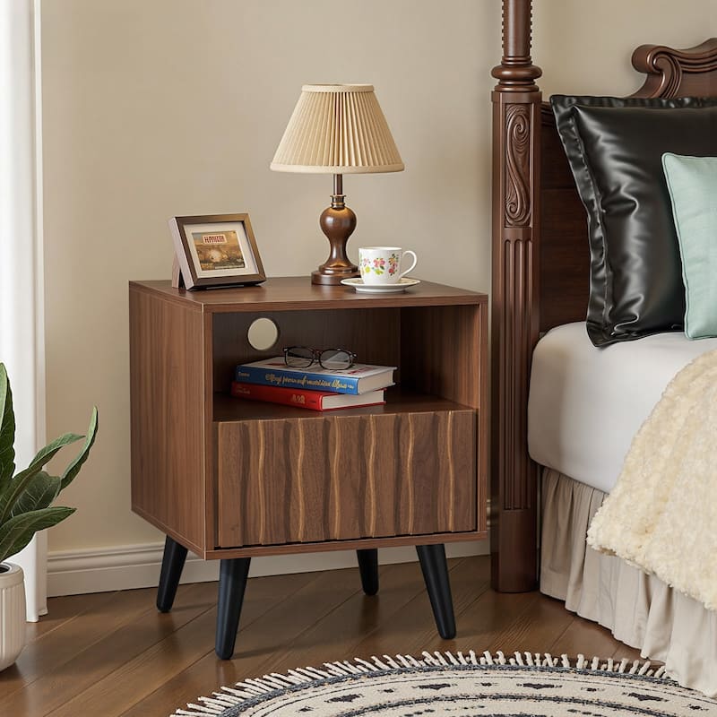 Mid-Century Modern Nightstand, Fluted End Table Drawer & Open Storage