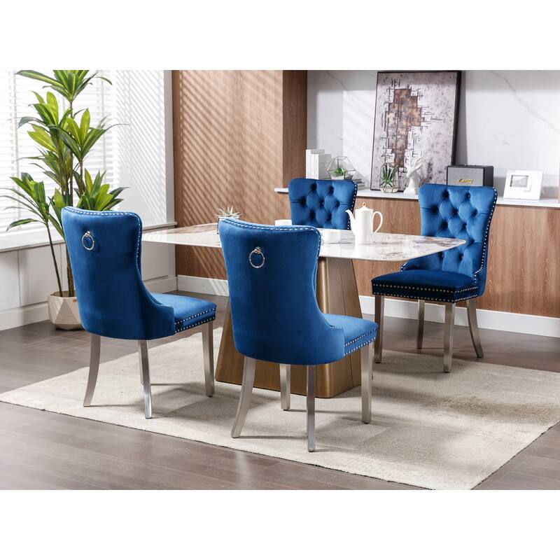 Set of 2 Velvet Dining Chairs with Nailhead Trim and Chrome-Plated Stainless Steel Legs