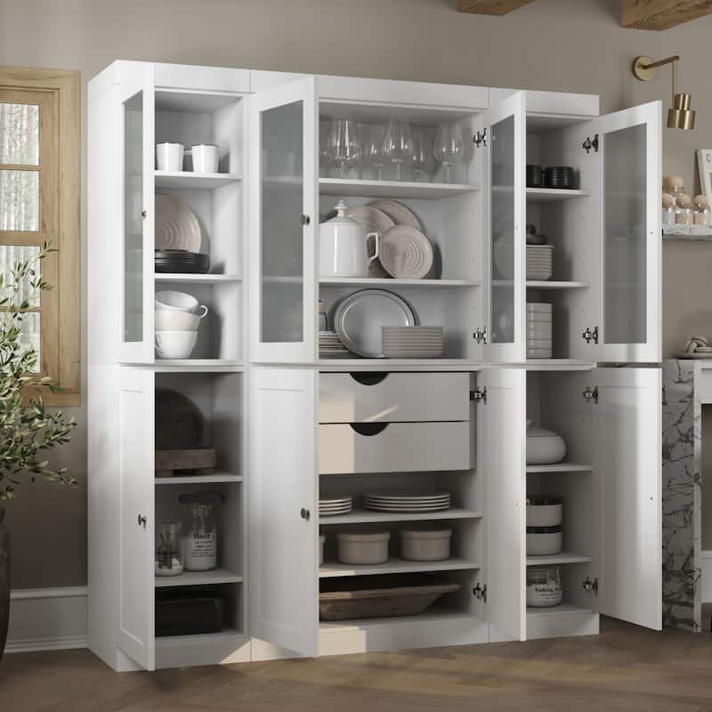 Palace Imports 100% Solid Wood 65" Pantry Cabinet with Frosted Glass, Shaker Doors, 2-Drawers and Adjustable Shelves - White