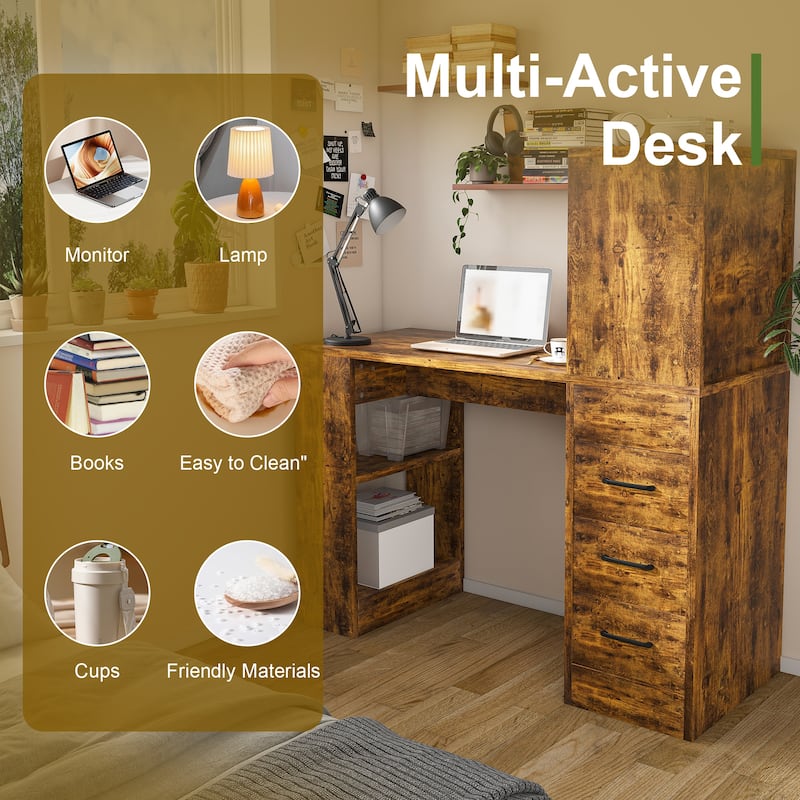 Computer Desk with 4-in-1 Socket & 3 Drawers, 4-Tier Storage Shelves, Carbonized Wood Finish Laminate for Home Office, Study