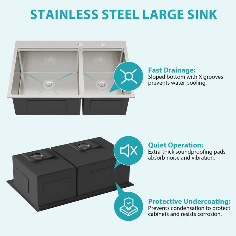 33" Drop-in Double Bowl 16 Gauge Stainless Steel Kitchen Sink in Brushed Nickel - 33'' x 22'' x 10''