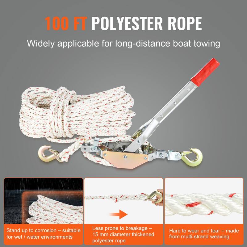 UIMOSO Rope Puller, 3/4 Ton (1,653 lbs) Pulling Capacity, with 100' of 0.6" dia. Rope, 2 Hook, Come Along Winch