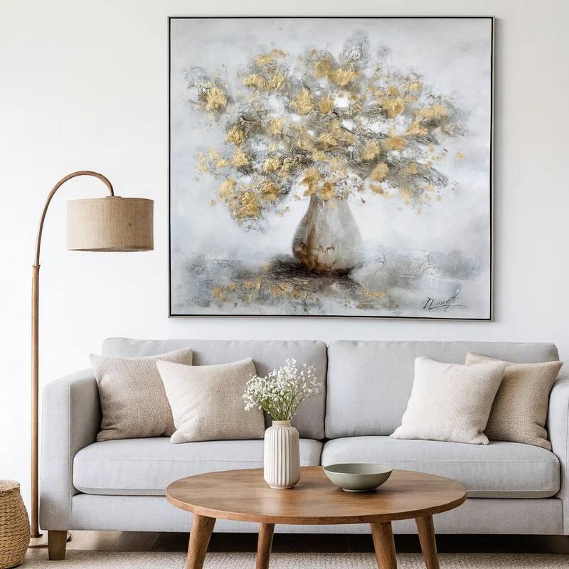 47 x 47 Modern Hand Painted Vase with Gold Foil Flowers and Silver Frame - Gray, White, Gold, Silver