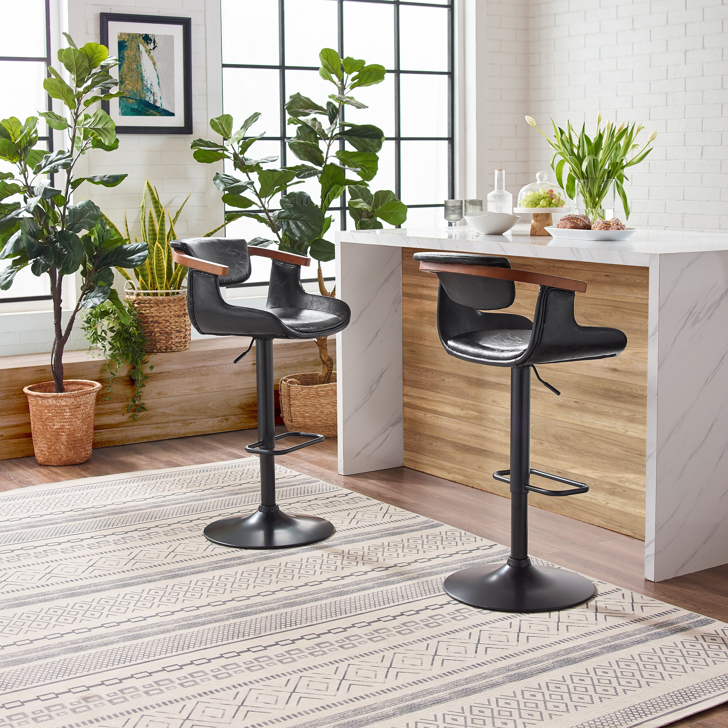 Art Leon Swivel Faux Leather Upholstery Adjustable Barstool with Matte Black Base