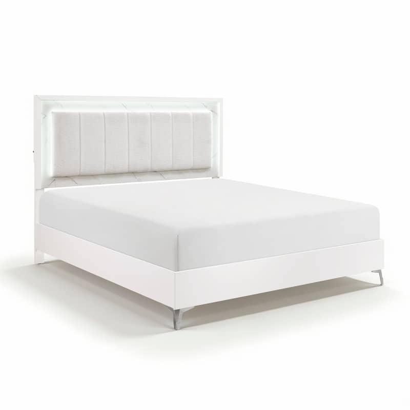 3-Piece LED Light Bedroom Furniture Set Bed Dresser Mirror Gloss White Finish