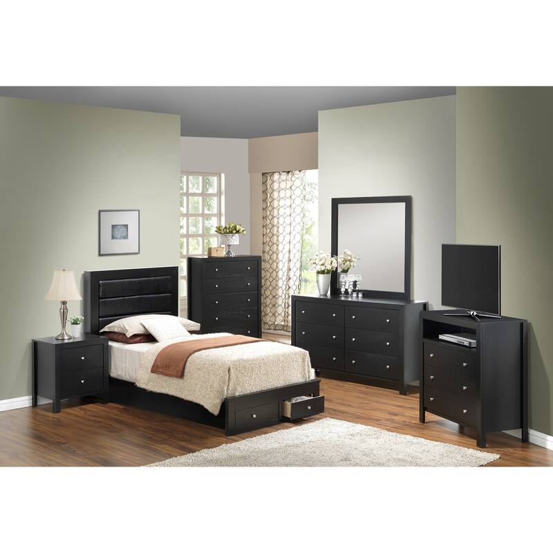 Solid Padded Upholstered Panel Twin Bed with Drawers - 81" - Black