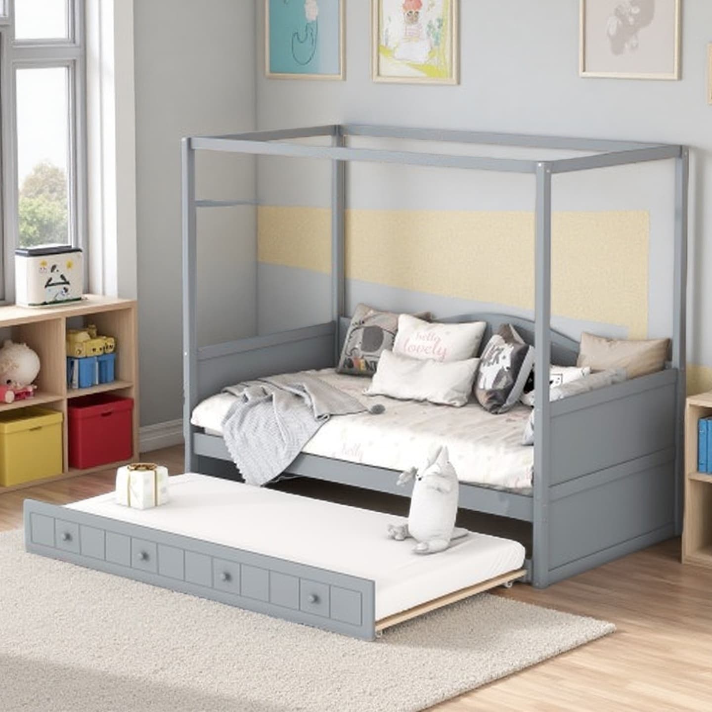 Twin-Size Wooden Canopy Daybed with Slide-Out Trundle, Built-in Backrest