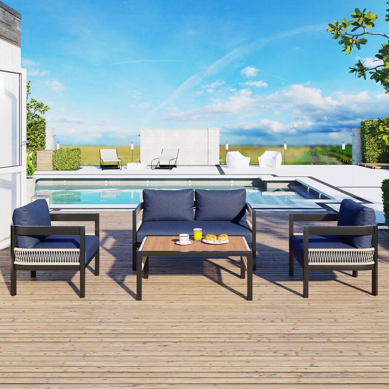 Multi-person Outdoor Iron Sofa Set with A table - Dark Blue