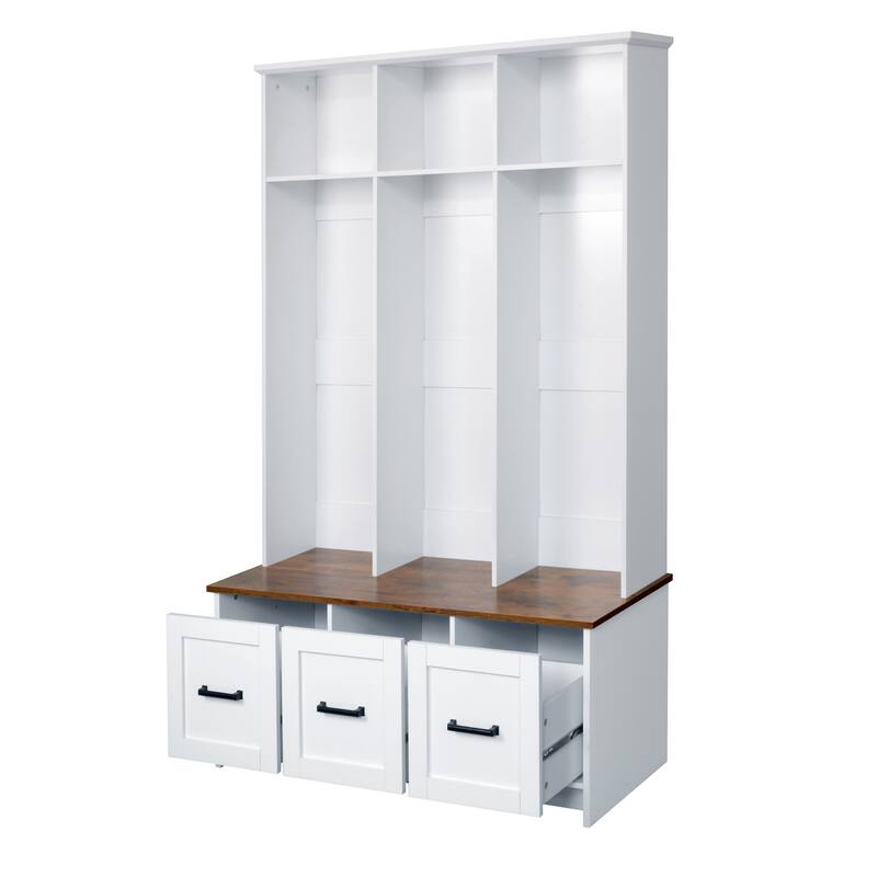 Modern Coat Rack with Storage Bench Entrance Bench with 3 Shelves and Drawers, for Hallway Entryway Living Room