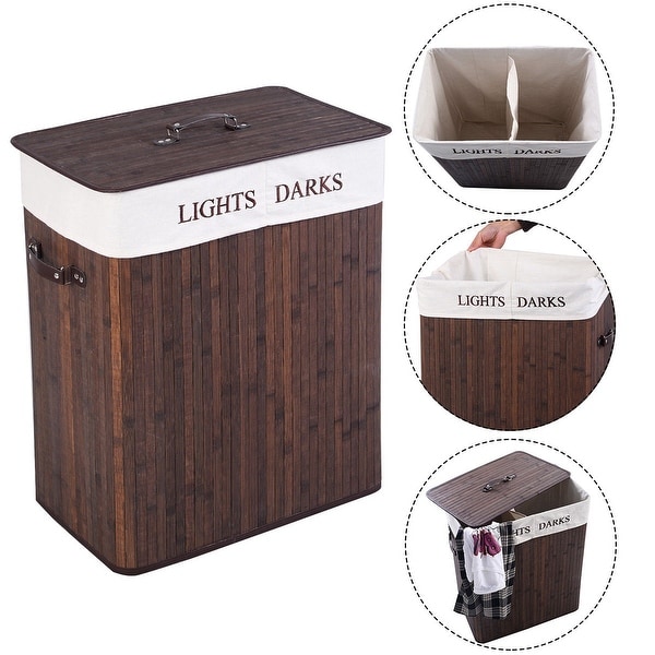 Costway Folding Double Rectangle Bamboo Hamper Laundry Basket Cloth Storage Bag Lid Brown