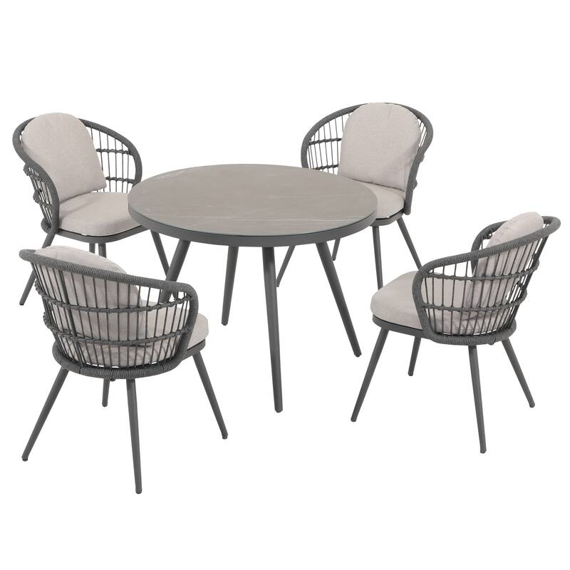 Piece Rope-Woven Aluminum Outdoor Dining Set with Ceramic Tabletop Round Table