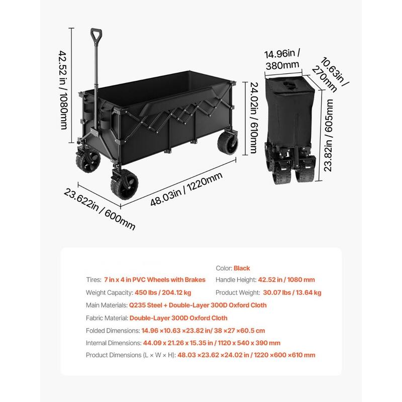 Collapsible Garden Wagon 450LB Capacity Outdoor Folding Cart - 48.03 × 23.62 × 24.02 in