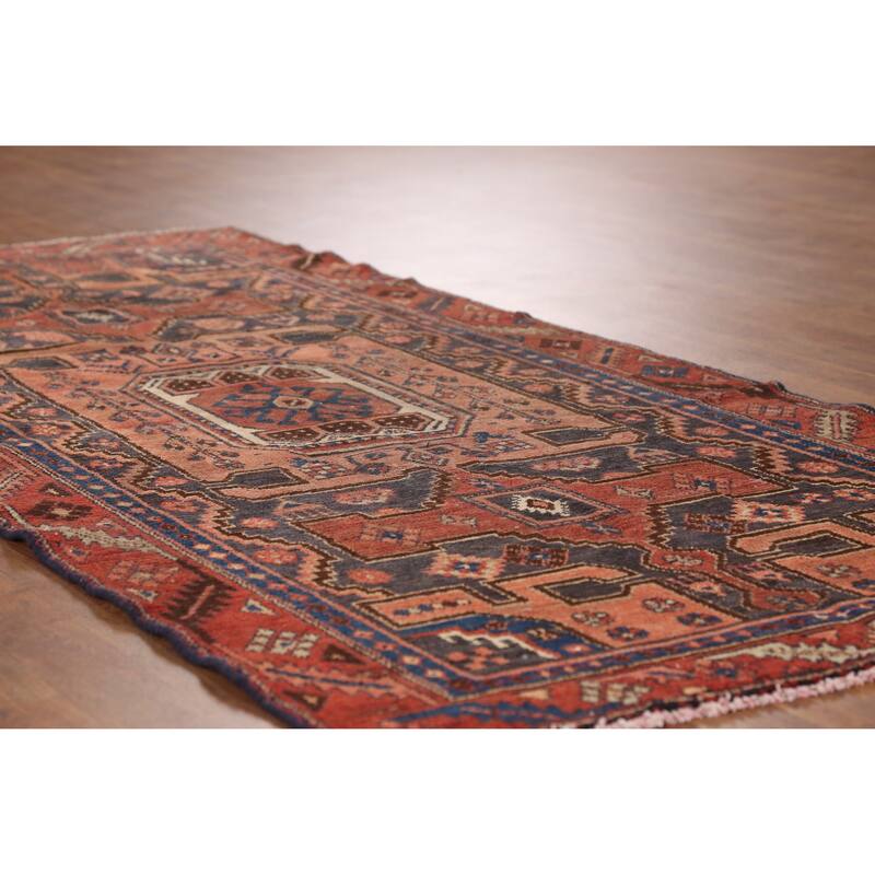 Hand Knotted Oriental 100% Wool Carpet Traditional Geometric Navy Blue & Blues Hamedan Runner Rug - 8' 9'' X 3' 8''