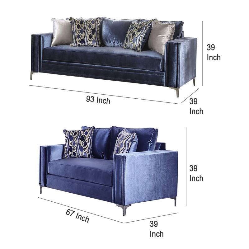 Odie Sofa Loveseat Set, 6 Throw PIllows, Satin Blue Silver Microfiber
