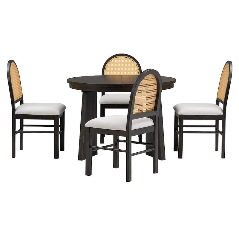 5 PCS Retro Functional Extendable Dining Set for 4 with 4 Upholstered Chairs with Rattan Backrests