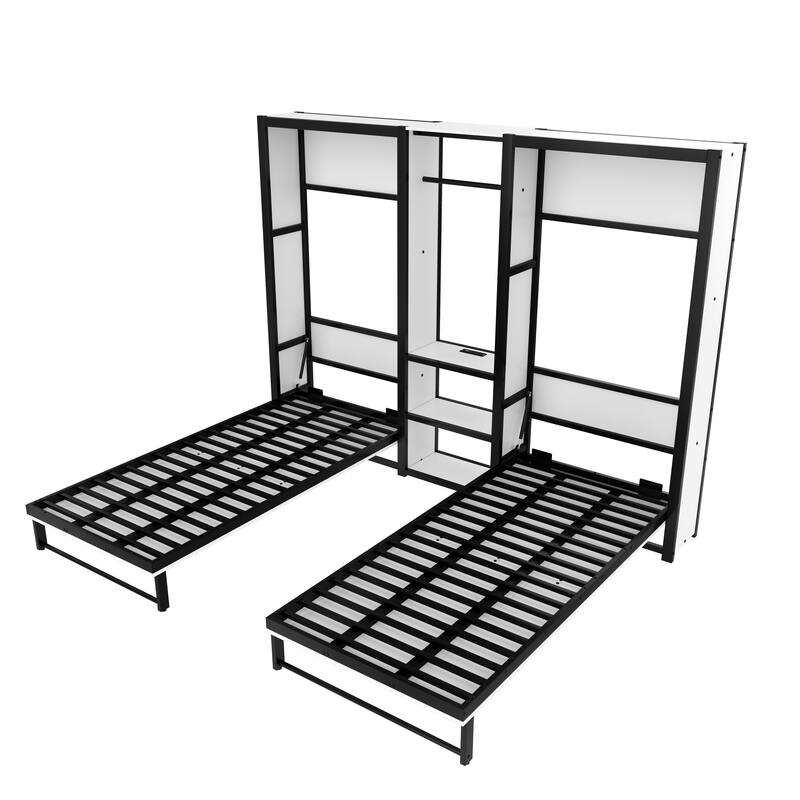 Twin/Twin Size MDF Murphy Bed with Wardrobe and Shelves,Power Outlets