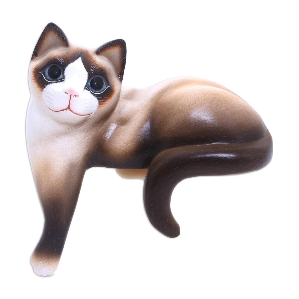 Handmade Wistful Kitty Wood statuette (Indonesia) - 26 x 26 x 15