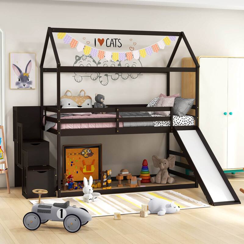 Gymax Loft Bed w/ Slide & Storage Staircase Twin Over Twin - Espresso