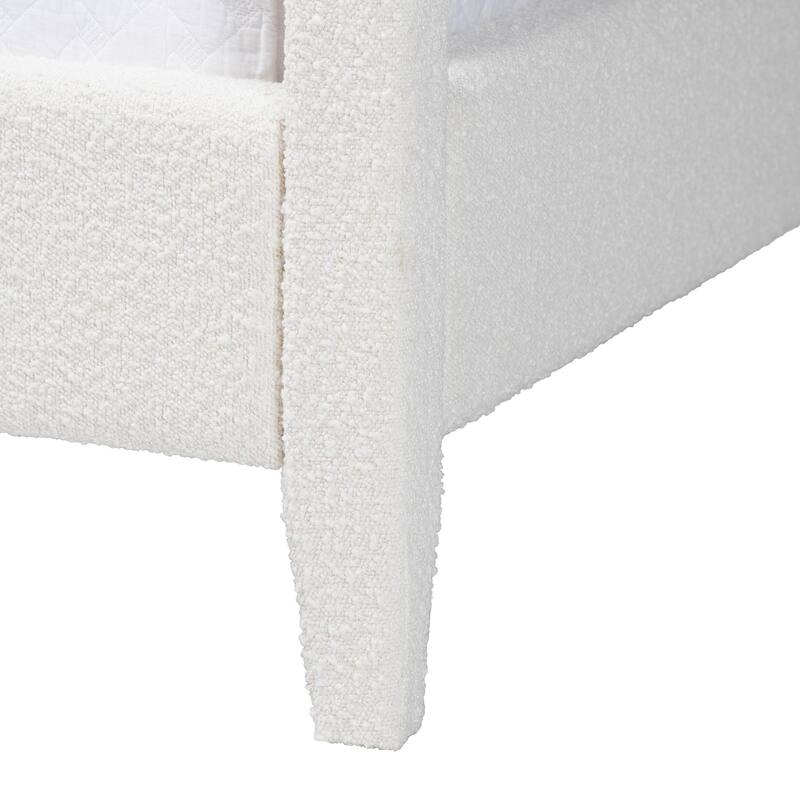 Aerona Boucle Upholstered Canopy Bed - Four Poster Platform Bed with Channel-Tufted Headboard, Cream, Queen