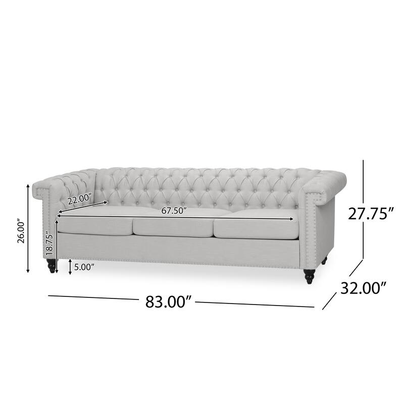 Sofa, 3 Seater, Button Tufted Gray Fabric, 83 Inch, Flared Rolled Arms