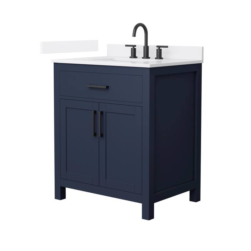 Wyndham Collection WCG2424-30S-QTZ-US3MXX Beckett 30" Free Standing - Dark Blue / White Quartz Top / Matte Black