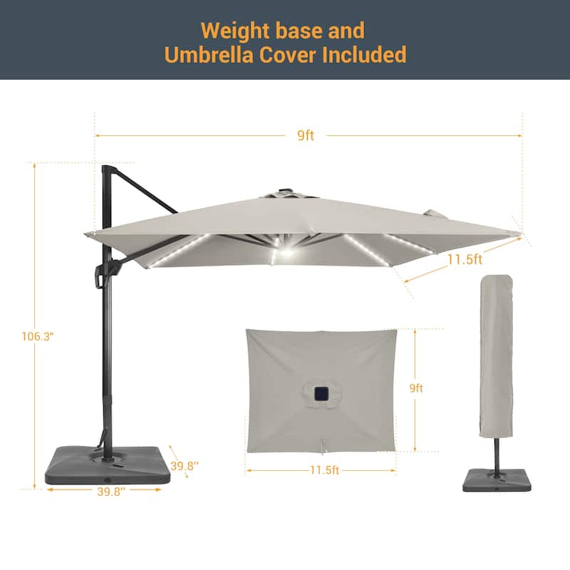 LIVOOSUN 11.5x9FT LED Cantilever Patio Umbrella Solution-Dyed Fabric w/Base