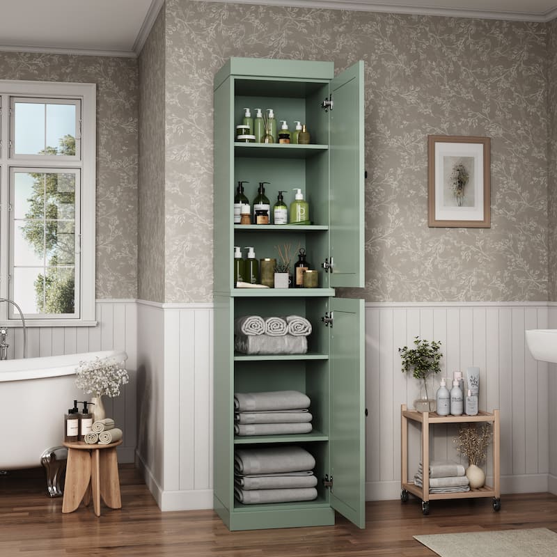 100% Solid Wood Tall Freestanding Bathroom Linen Cabinet with Doors, Adjustable Shelves, Modular Storage, 16.5" W x 71.5" H