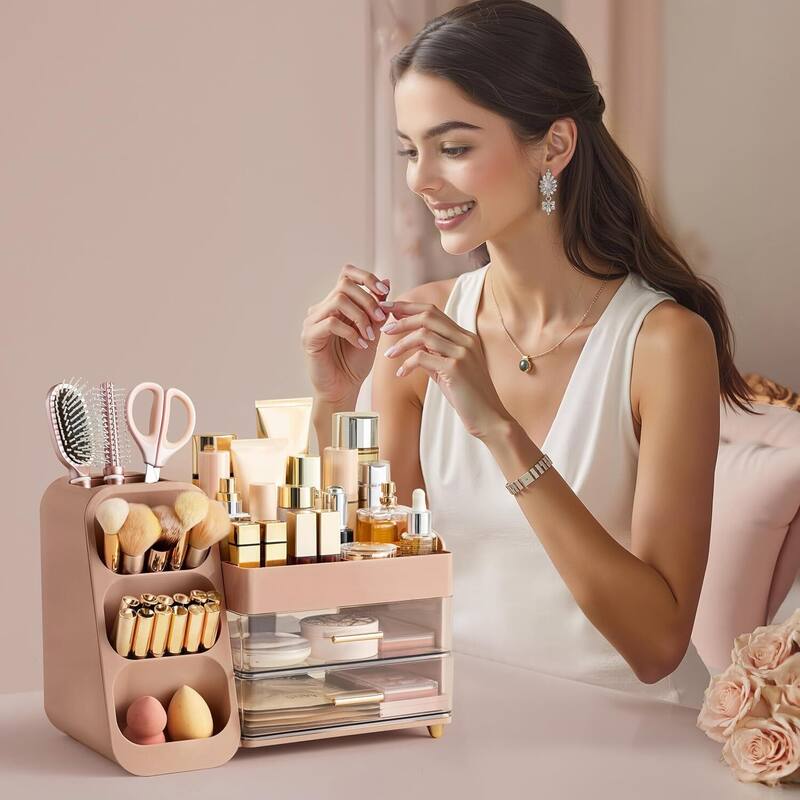 Makeup Organizer with Brush Holder for Vanity, Large Plastic Bathroom Countertop