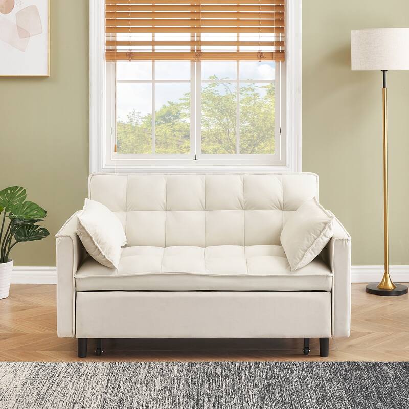 55" 3-in-1 Double Pull-Out Sofa Bed for Living Room - Velvet - Beige