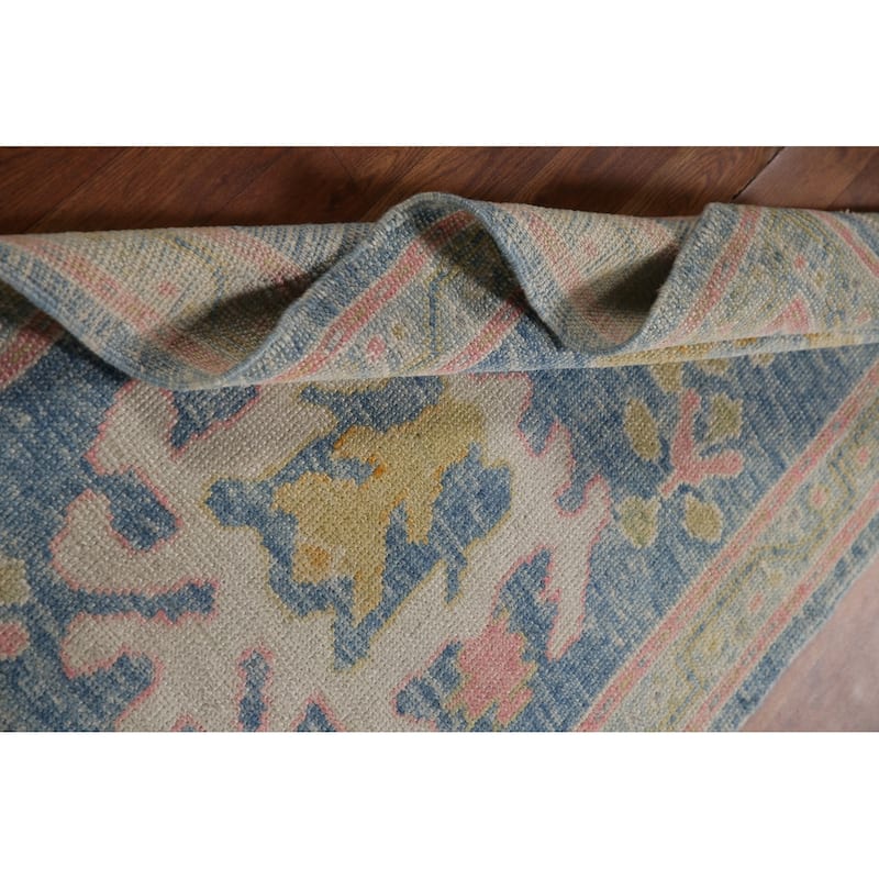 Vegetable Dye Blue Oushak Turkish Runner Rug Handmade Wool Carpet - 2'10"x 12'11"