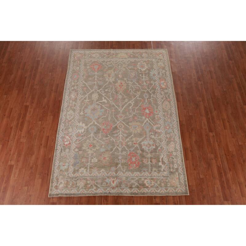Hand Knotted Oriental 100% Wool Carpet Transitional All-Over Brown Oushak Area Rug - 8' 11'' X 6' 2''