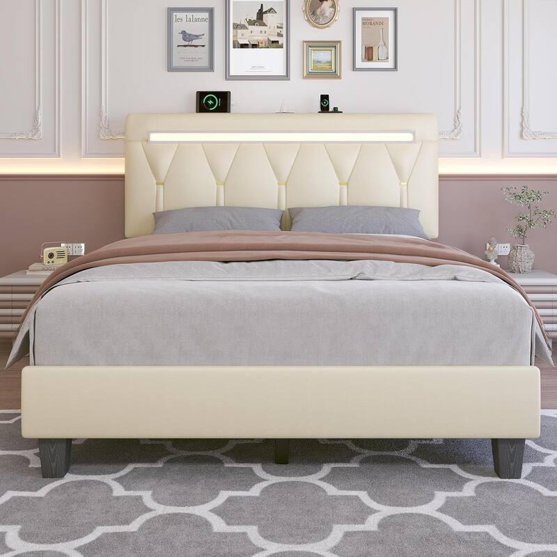 Queen Bed Frame with LED Light & Charging Station, Platform Bed Frame Queen Size with Adjustable Headboard/Wooden Slat Support - Beige