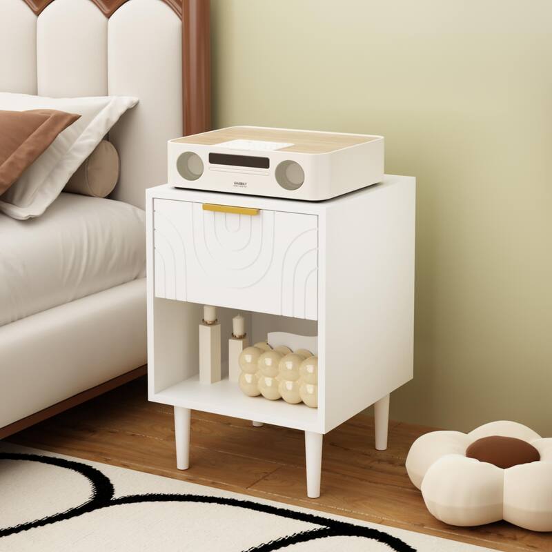 22.83''H Modern White Nightstand With One Drawer And Open Shelf, Gold - Accented Handle, Ideal For Bedroom Decor