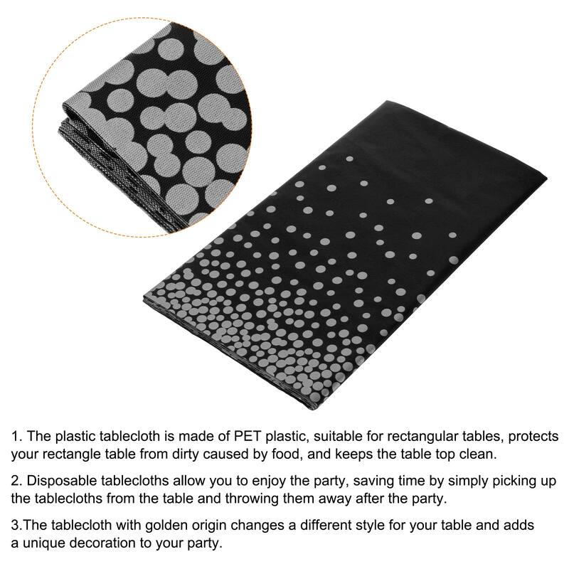 3Pcs Black Disposable Plastic Tablecloth 54"x108" Silver Dots Table Cover