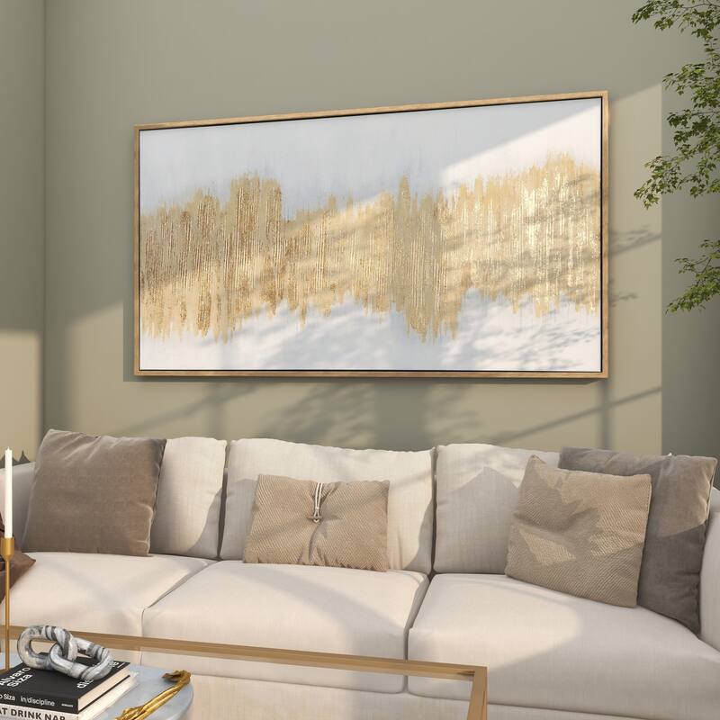 Canvas Abstract Long Horizontal Living Room Framed Wall Art with Glitter Flakes - Gold - CosmoLiving by Cosmopolitan