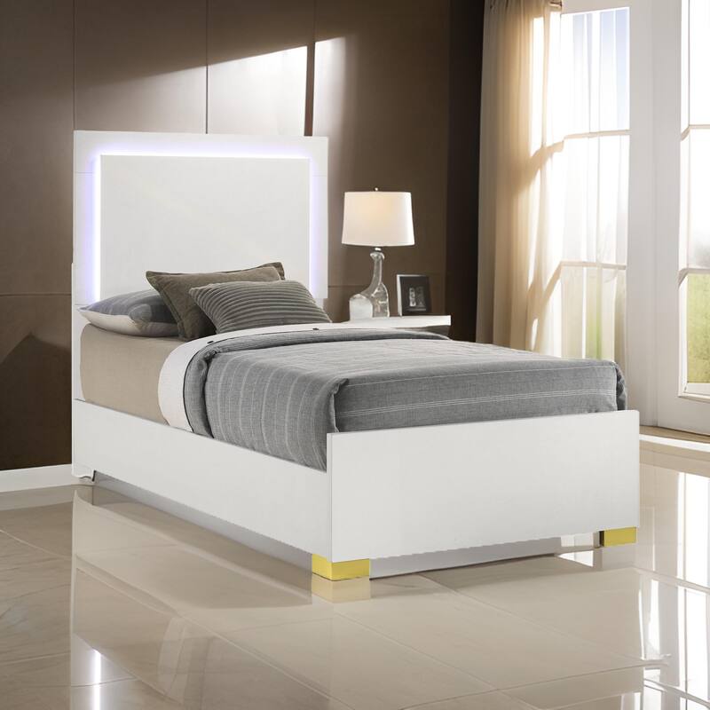 Dex Twin Size Bed with LED Framed Headboard, White Wood Finish, Gold Legs