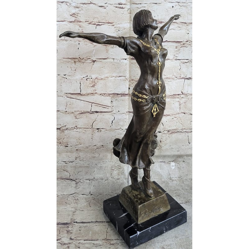 Happy Free Dancer Girl Bronze Metal Figure Statue Sculpture Art Deco Marble Base