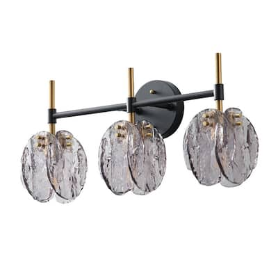 3-Light Matte Black and Antique Brass Wall Sconce with Smoked Hand-Blown Glass Shades