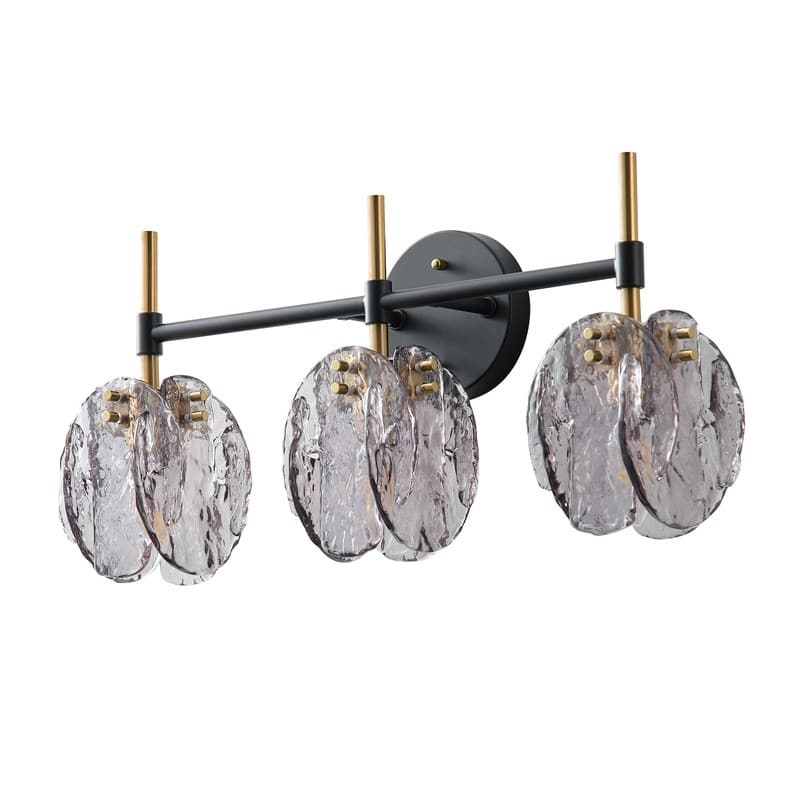 3-Light Matte Black and Antique Brass Wall Sconce with Smoked Hand-Blown Glass Shades