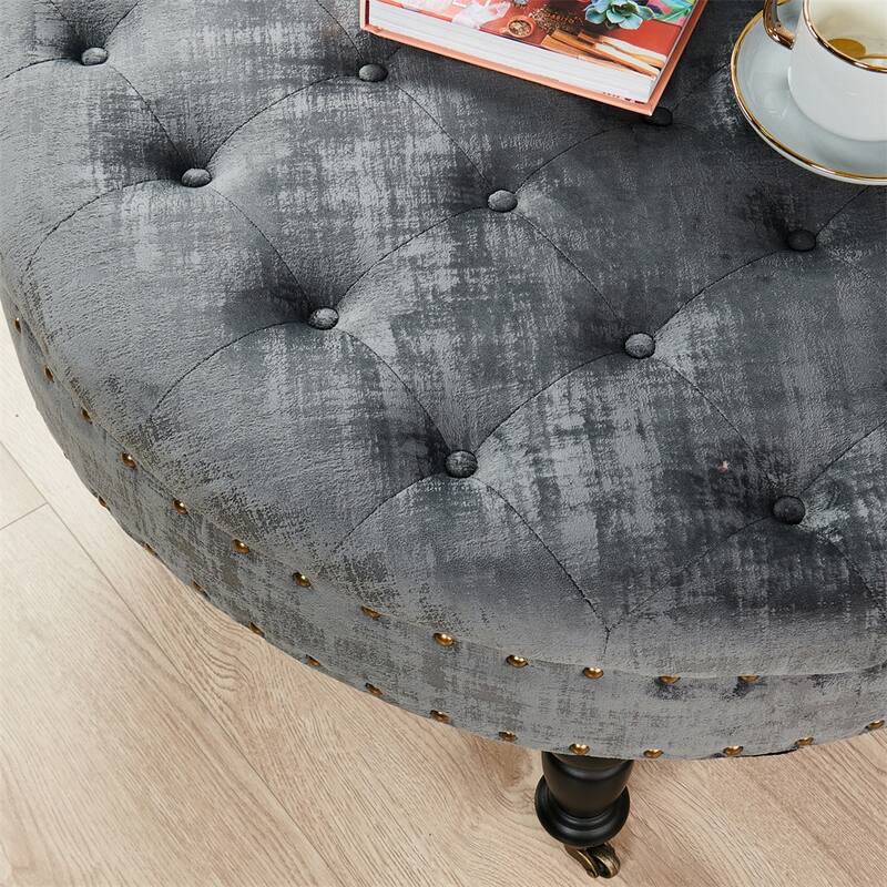 Round Velvet Tufted Coffee Table Ottoman, 34" x 34" x 17" H